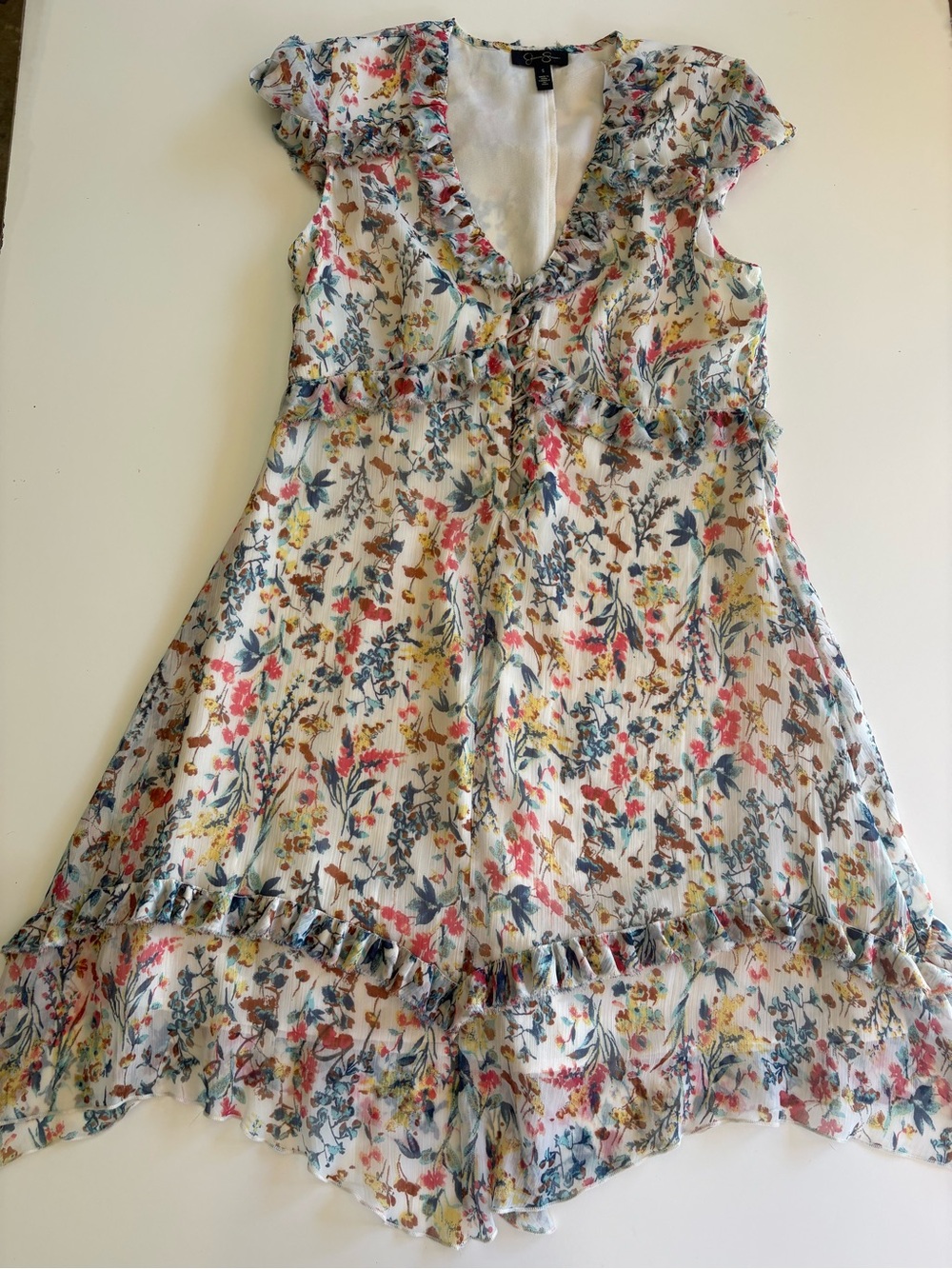 Jessica Simpson White Floral Ruffle Sundress with Multi-Color Print